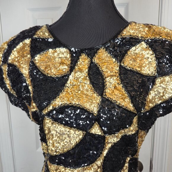 Vintage Cache Black & Gold Sequin Dress S8 80/90s Geometric Abstract Party Dress - Picture 2 of 10